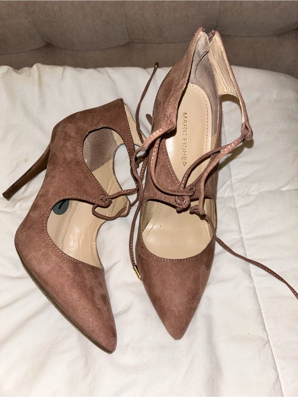 Marc Fisher Taupe Brown Suede Pointed-Toe Lace-Up Heels